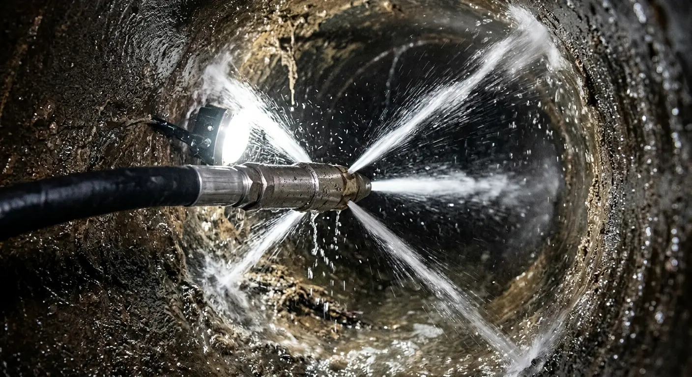 High-pressure hydro jetting nozzle cleaning sewer pipe for Emergency Drain Service in Island Park