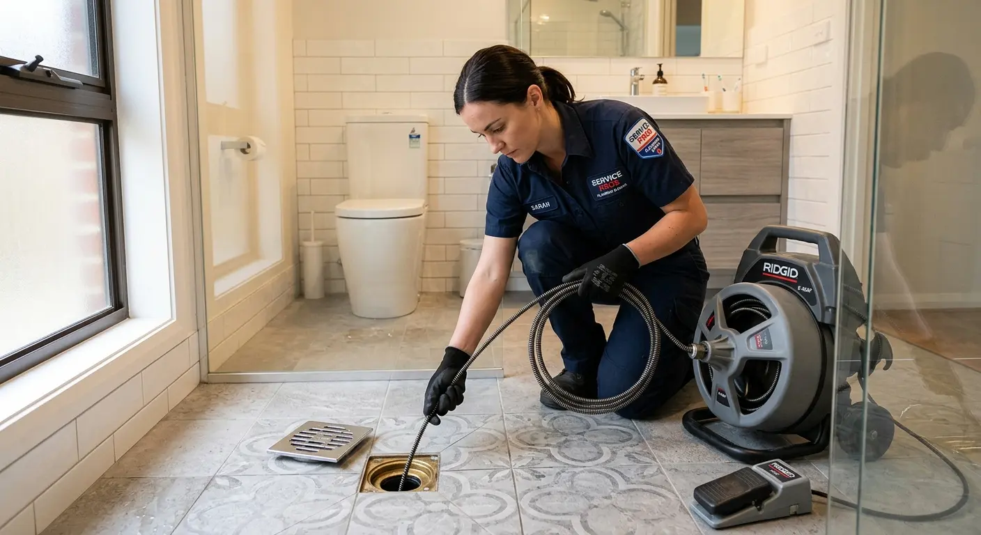 Technician clearing a bathroom floor drain for Drain Repair in Island Park